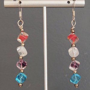 Blue, clear, red and purple glass earrings
